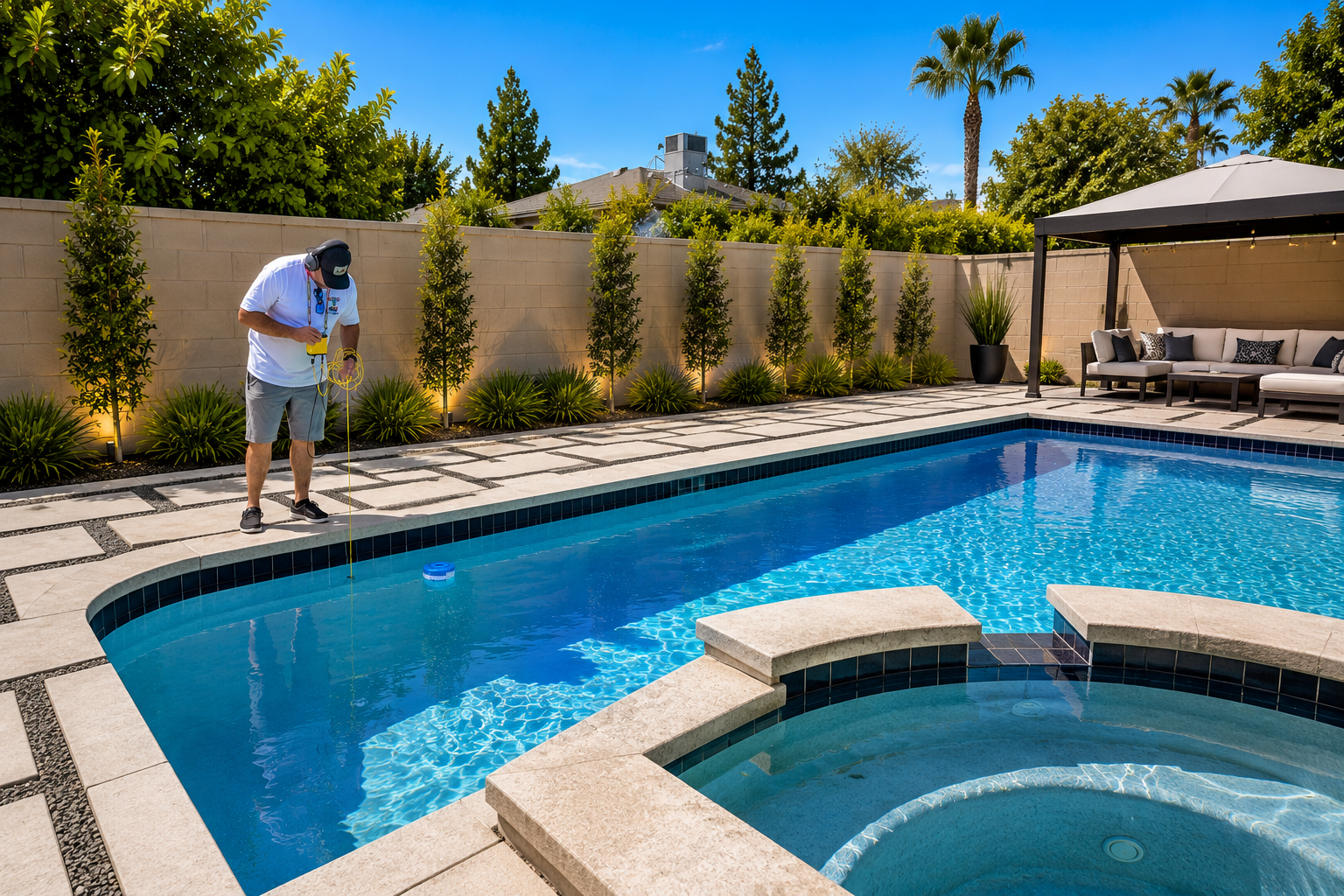 Luxury Arizona pool at night with turquoise lighting